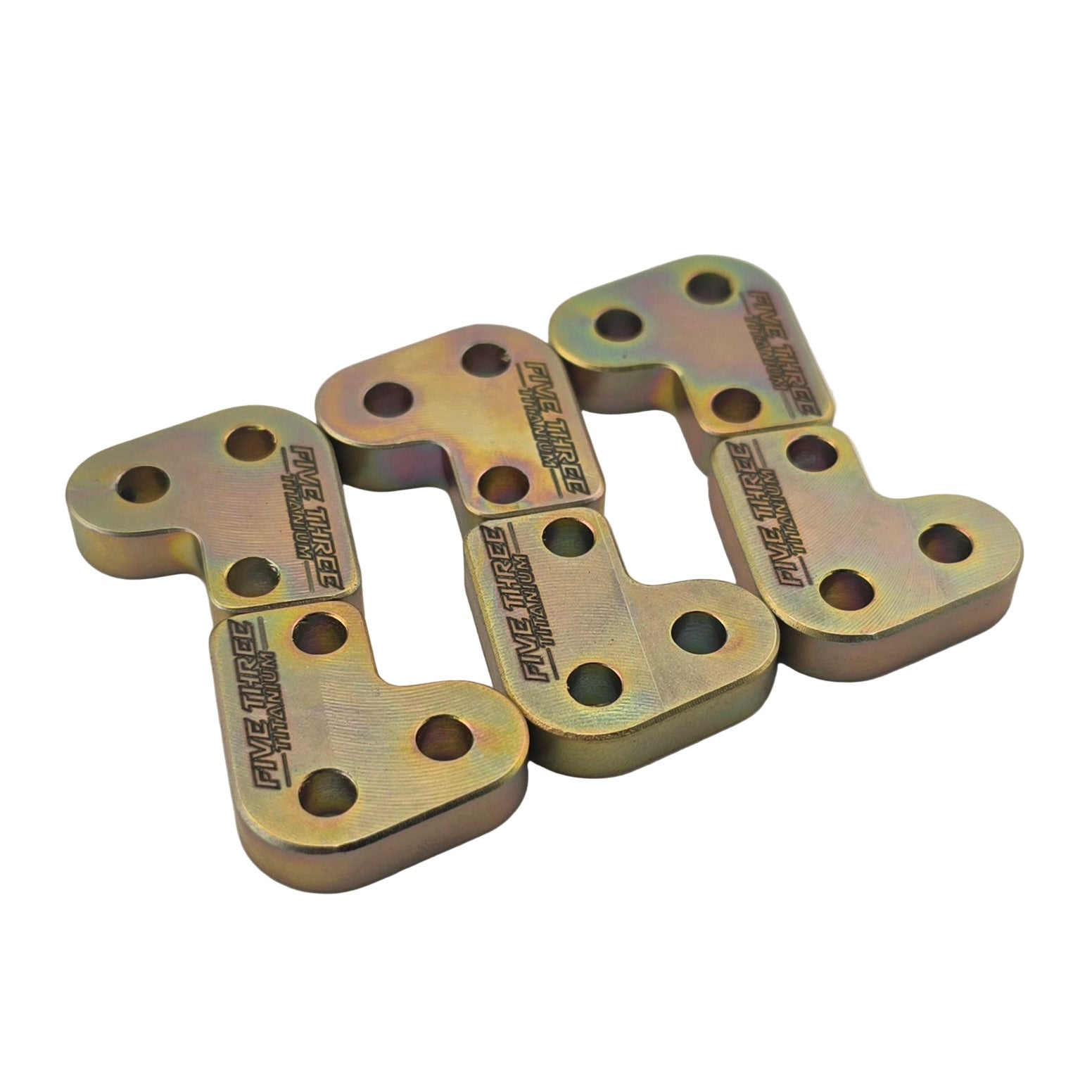 A set of six yellow zinc coated clutch levers, made from steel, displayed on a white background.