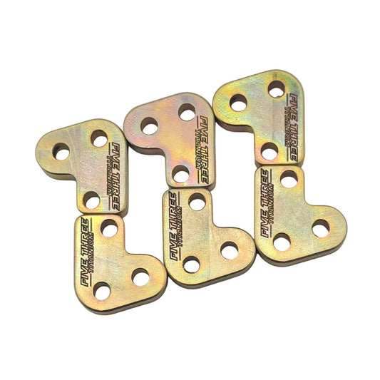 A set of six yellow zinc coated clutch levers, made from steel, displayed on a white background.